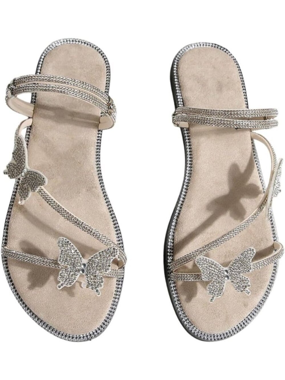 Women's Beige Flat Loafers Sparkly Butterfly Strappy Open Toe Elegant Slides